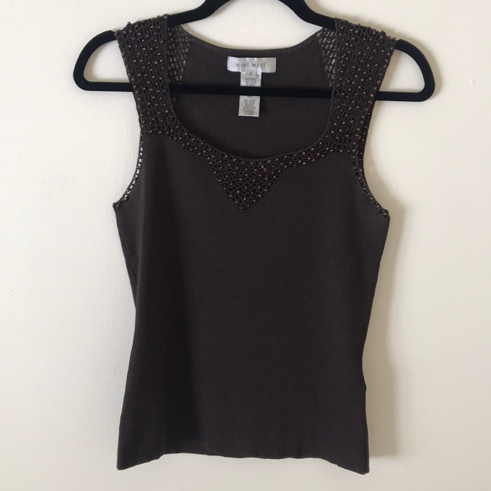 Nine West Brown Tank w/ beaded embroidered sleeves